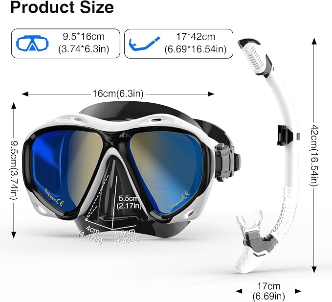 Snorkeling Gear for Adults, Snorkel Mask With Mirrored Tempered Glass Lens 180° Wide View Anti-Fog Scuba Diving Mask, Professional Snorkel Set for Swimming Diving, Gifts for Women Mom Men Dad