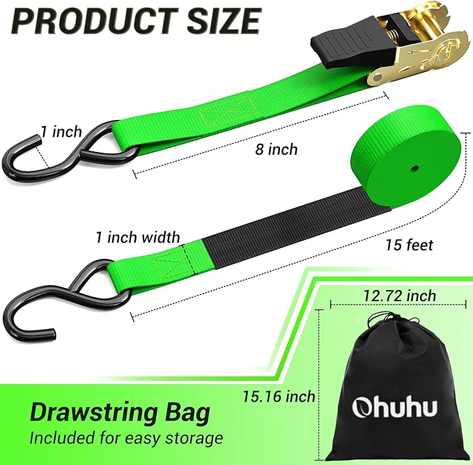 Ratchet Tie Down Strap 8-Pack 15 Ft - 500 lbs Load Cap with 1500 lbs Breaking Limit, Ohuhu Ratchet Tie Downs Logistic Cargo Straps for Moving Appliances, Motorcycle, Green