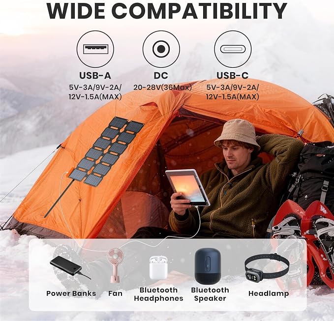 FlexSolar Portable 36W Solar Panel Charger with USB-A and USB-C Ports.1.3lbs,IP57 Waterproof and dustproof, Folded Solar Panel Compatible with Cellphone,Power Bank,Camping Light