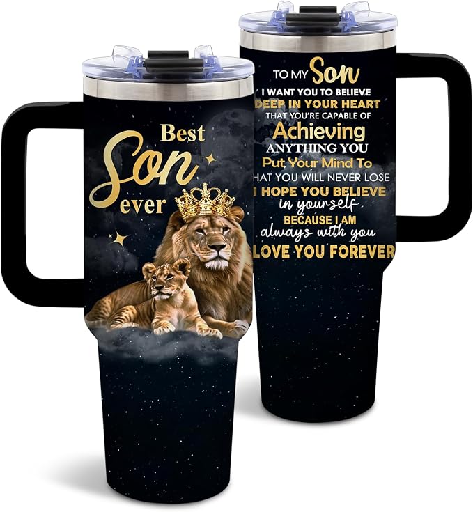 DUUV Gifts for Son, To My Son Birthday Tumbler from Mom Dad, Best Sons Ever Tumbler 40 Oz with Handle and Straw, Christmas Thanksgiving Birthday Gift for Grown Sons, 1PCS