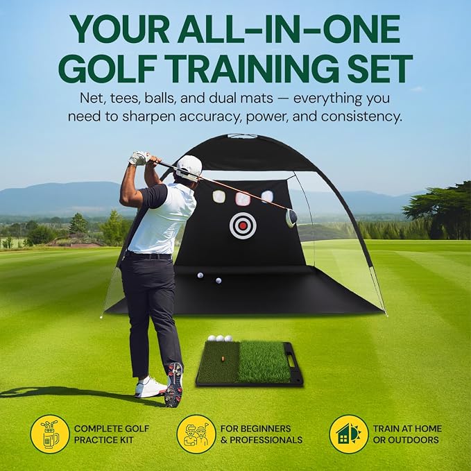 Golf Practice Net with Dual Mats, 3 Tees & 5 Balls – Golf Training Net for Indoor/Outdoor Swing Practice, Backyard Driving & Chipping Set, Portable Training Aid, Great Gift for Men
