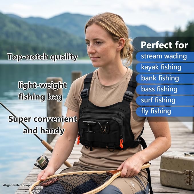 Fishing Chest Pack Vest Bag w/ Fish Floating Landing Net, Tackle Box, Fishing Lures Kit, Hook Remover, Fish Lip Gripper, Fishing Plier Friendly for Beginners Gifts for Men (w/ Fish Net) (Black)