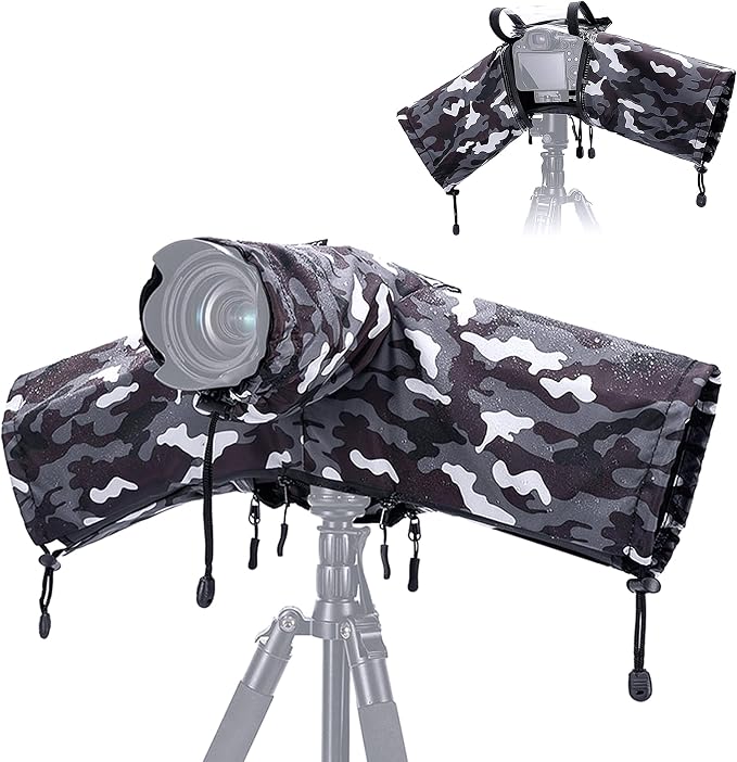 JJC Camera Rain Cover Sleeve for Canon Nikon Sony Fujifilm Mirrorless Camera with Lens Below 7.1x5.5x9.1” (WxHxD), Nylon Camera Rain Coat Protector with Zippered See Through Windows-Camouflage Gray