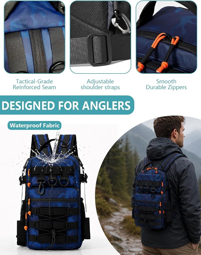 2 in 1 Compact Tactical Fishing Backpack with Tackle Boxes, Lightweight Waterproof Tackle Bag Fit 2 * 3600 Tackle Boxes, 2 Rod Holders Storage, Fishing Accessories Gift for Men Blue
