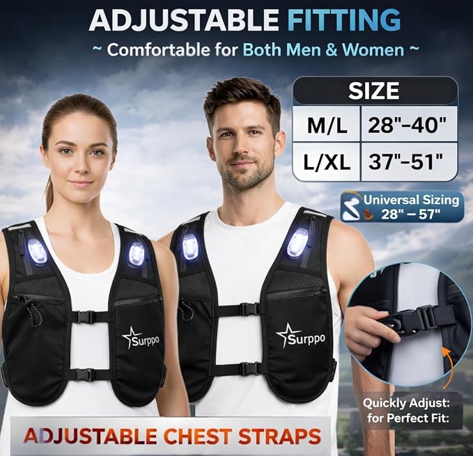 Running Hydration Vest with 3 LED Safety Lights and 500ml Soft Flask, Lightweight Reflective Running Vest for Women Men, Adjustable Chest Straps, Phone Pocket for Marathon Trail Night Running