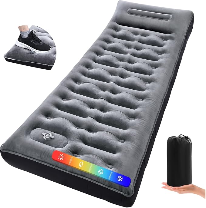 KASBAH Camping Sleeping Pad, 5.5 R-Value Thick 6 inch Camping Mat with Pillow Built-in Foot Pump Inflatable Sleeping Pads Compact for Camping Backpacking Hiking Traveling