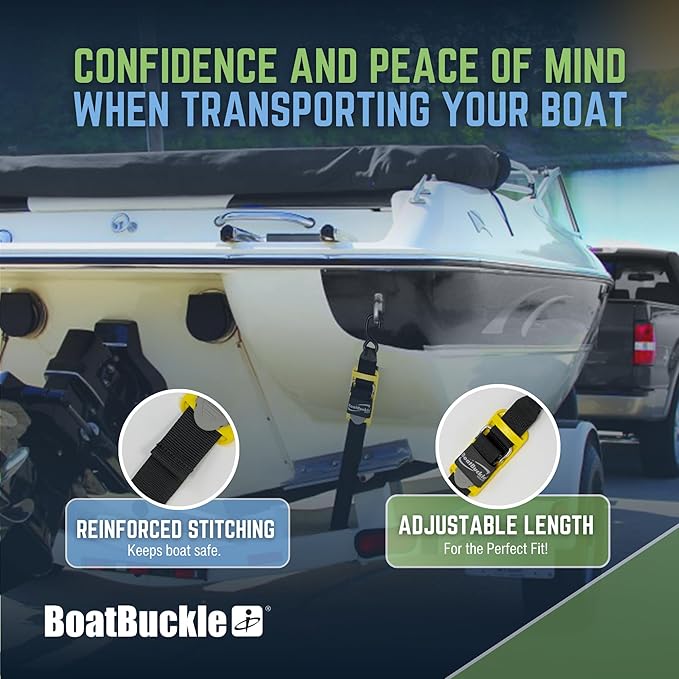 BoatBuckle's Pro Series Kwik-Lok Boat Tie Down Straps to Trailer with Boat Pads, 2-Pack Easy to Use Adjustable Transom Tie Down Straps, 2-Inch x 6-Feet, 1,200 Lbs Break Strength