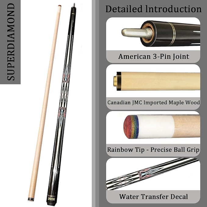 SUPERDIAMOND Pool Cue Stick Set Billiard Cue Sticks with Hard Case, 2-Pieces 58" Pool Table Sticks, 12.5 mm Tip Pool Queue,Pool Stick Set for Home Recreation, Billiards Clubs, Training