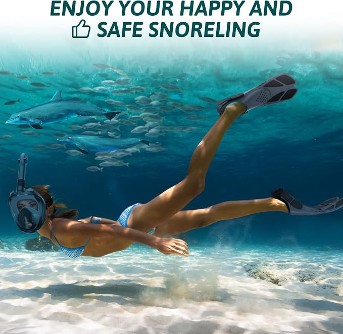 Viginsul Mask Fins Snorkeling Gear for Adults, Full Face Snorkel Mask & Adjustable Swim Fins Snorkel Set, Panoramic View Snorkel Mask Dry Top Anti-Fog Anti-Leak