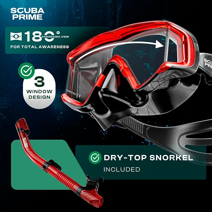 Pano 3 180° Panoramic Dive Mask, Three-Window Tempered Glass Scuba Mask with Dry Top Snorkel, Dual-Layer Silicone Skirt Anti-Leak Diving Gear for Men Women Teens Adults, 4 Color Options