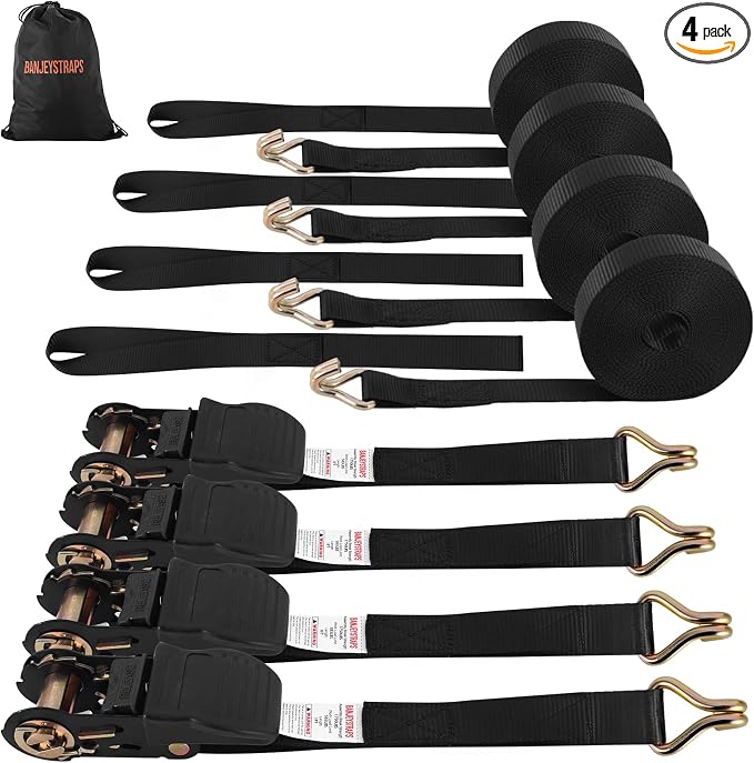 12FT Heavy Duty Ratchet Straps with Double J-Hooks 4-Pack - 1” 1750lb Break Strength, Anti-Slip Secure Lock for Motorcycle, ATV, Trailer & Cargo - Black