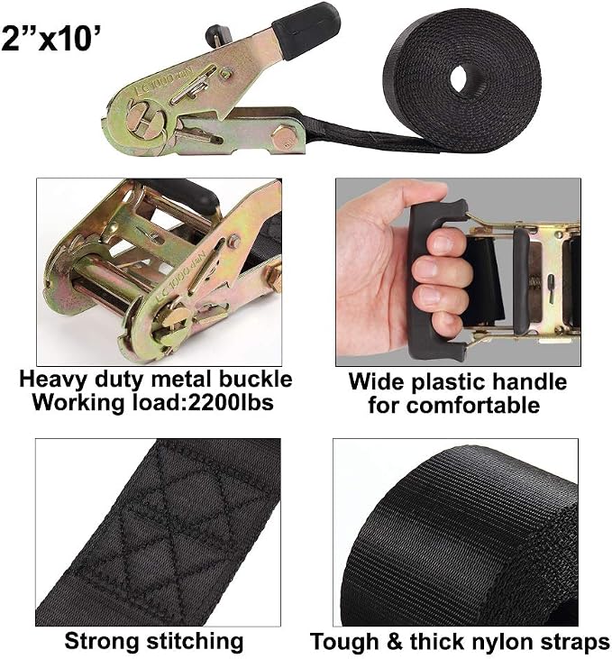 Endless Ratchet Tie Down Straps Heavy Duty Cargo Tie Downs, Sturdy Nylon Black Strap Down Ratcheting Securing Straps, Track Spring Fittings, Tie-Down Motorcycles, Trailer Loads, Kayak