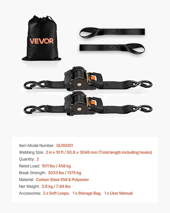 VEVOR Retractable Ratchet Straps, 2 in x 10 ft, Tie Down Straps with S Hooks, 3033 lbs Break Strength, 2 Soft Loops, Tie Down Ratcheting for Moving, Trailers, Motorcycles, Kayaks, Car Roof, 2 Pack