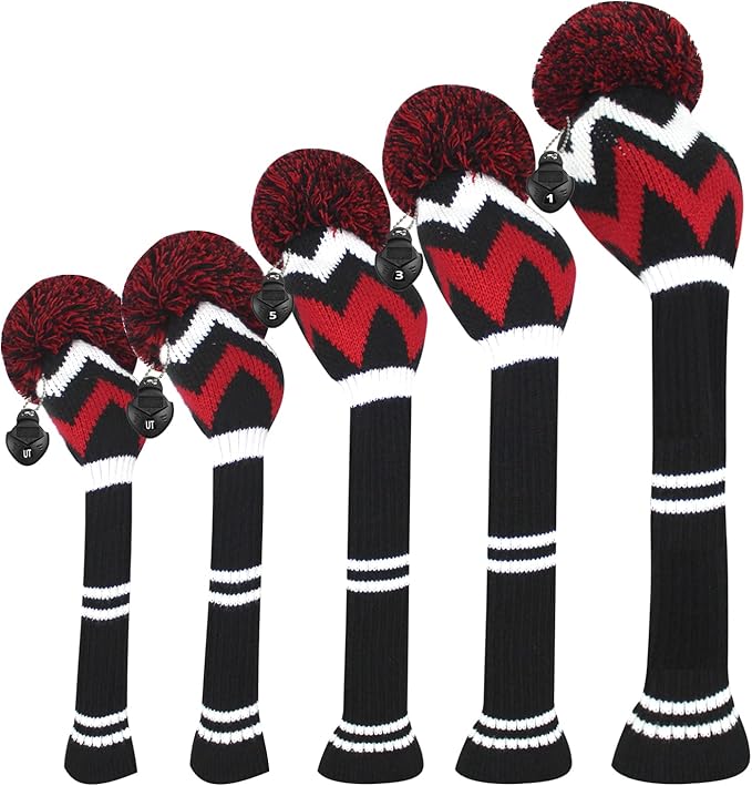 Scott Edward Knit Golf Club Cover with a Pom Set of 5 Head Covers Protect Driver Wood(460cc) 1 Fairway Wood2 and Hybrid/UT2 with Rotating Club Number Tags