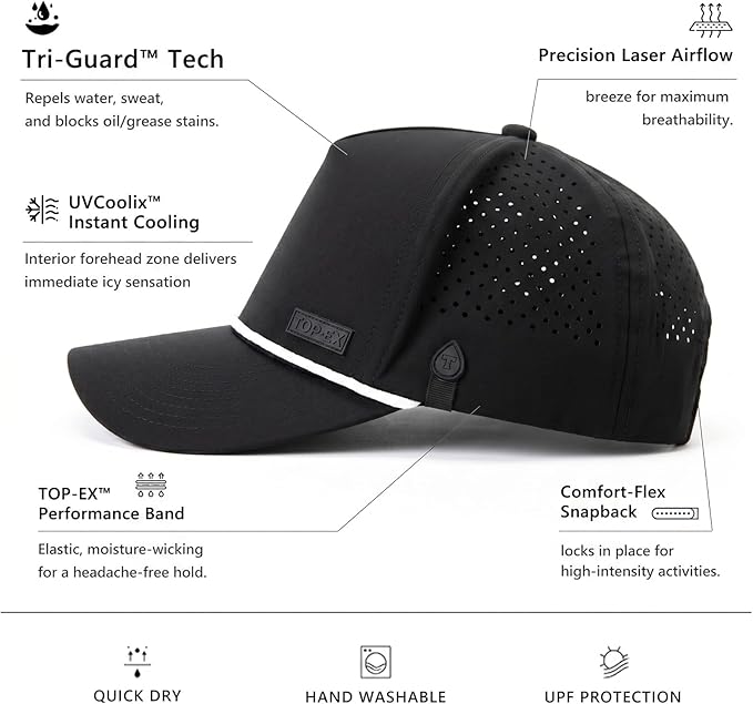 TOP-EX Performance Baseball Hat for Men Water Resistant Golf Cap Running Cooling Snapback Laser Perforated