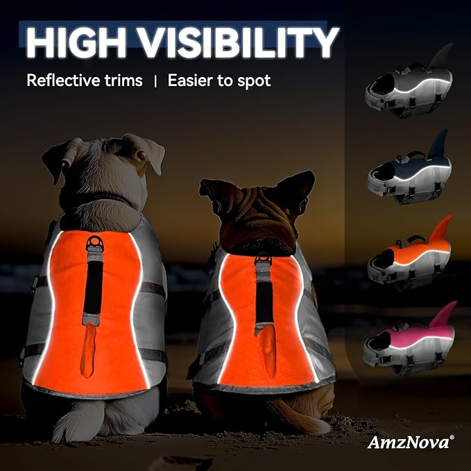 AMZNOVA Shark Dog Life Jacket + Rip Stop Dog Life Jacket, Durable Handle Reflective Buoyance