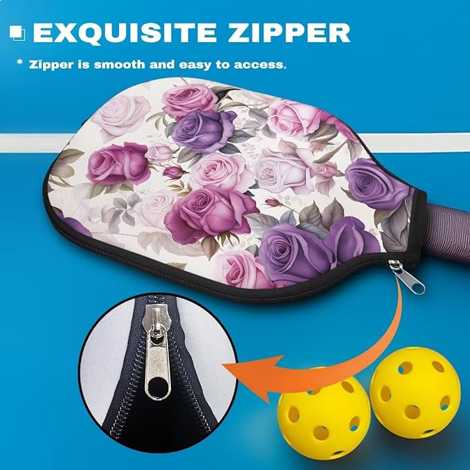 Roses Set of 4 Pickleball Paddle Cover Portable Pickle Ball Rackets Cases Zipper Closure 8.7 X 11.4 in Pickleball Racket Carry Sleeve Pickleball Paddle Covers for Women Fits Most Paddle