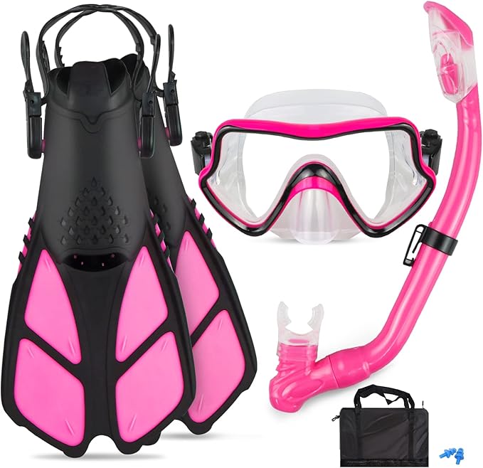 Kids Snorkeling Set - Adjustable Flippers + Panoramic Snorkel Mask + Dry Snorkel Tube + Travel Bags - Suitable for Kids & Juniors, Age 5-14