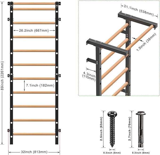 Swedish Stall Bars 2"x2" with 1" Holes, Wall Mounted Wood Gym Ladder for Suspension Training, Home Gym, Calisthenics, Physical Therapy, School & Clinic