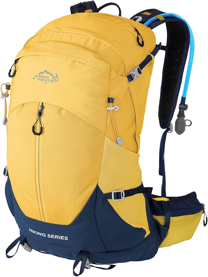 IX INOXTO Hiking Backpack, Camping Backpack, 30L Waterproof Hiking Daypack with 3L Water Bladder and Rain Cover (Yellow)