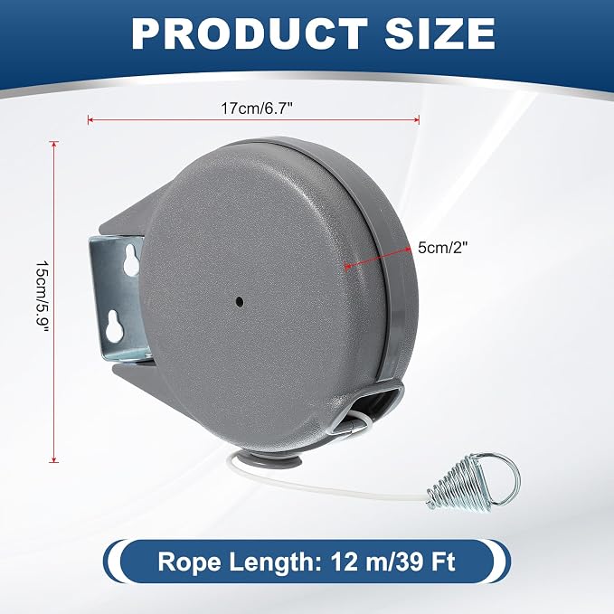 uxcell 39ft Retractable Clothesline Outdoor Indoor, Heavy Duty PVC Clothes Line Retracting Laundry Line with 12 Pcs Clothespins for Wet Dry Clothing, Gray