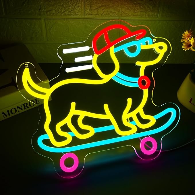 Dachshund Skateboarding Neon Sign for Wall Decor Dog Neon Light Man Cave | Dimmable Neon,Birthday Cartoon Gifts,5V USB Powered,Skateboard Club,Bar,Shop Decor, Teen Boys Bedroom Wall Art,13.7*12.4in