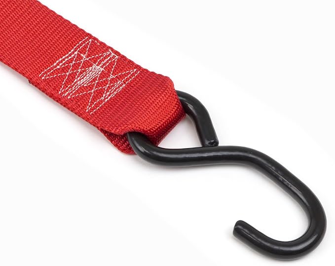 PowerTye Cam Buckle Tie Down Straps – 2 inch x 8ft Straps with S-Hooks – Ideal for Motorcycle, ATV, Trailers, and Truck Bed Cargo – 600 lb WLL & 1,800 lb Break Strength – USA Made, Red (Pair)