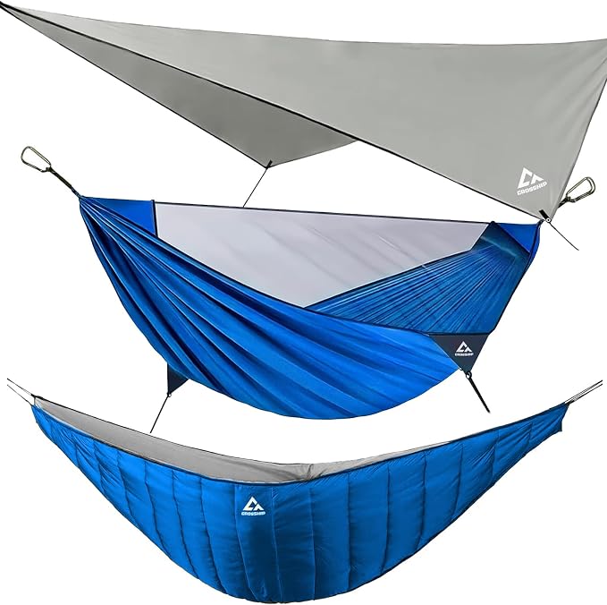 Camping Hammock with Mosquito Net, Underquilt & Rain Fly Tarp – 2 Person Portable Hammock Set for Hiking, Backpacking, Travel, Backyard, Beach – Holds Up to 500lbs (Blue)