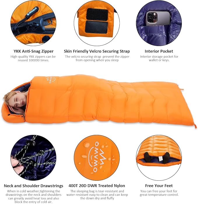 0 20 Degrees F Down Sleeping Bag for Adults,4 Season Rectangle Down Sleeping Bag for Camping Hiking
