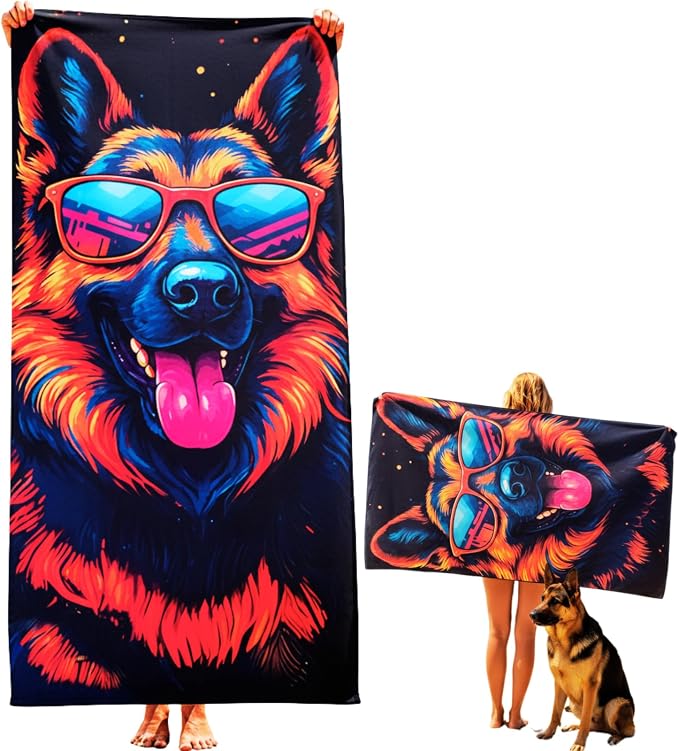 Microfiber Funny German Shepherd in Sunglasses Colorful Beach Towel for Women, Girls, Kids, Boys, Men, Plush Beach Towel, Absorbent Pool Towel Super Soft, Oversized 31x62 Inches