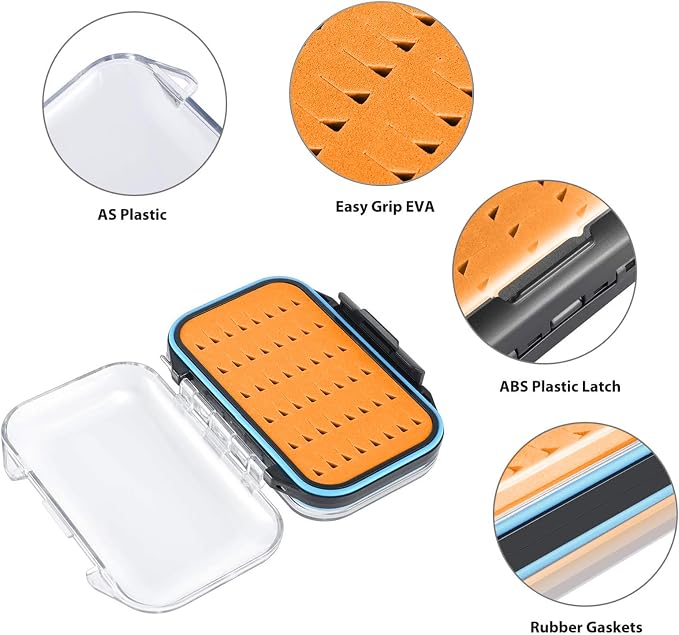 Gonex Fly Boxes for Fly Fishing Jig Boxes Two-Sided Waterproof Lightweight Fly Fishing Box Easy Grip Transparent Lid Fly Fishing Lures Box, 4.1"x 3.0"x 1.2", Orange