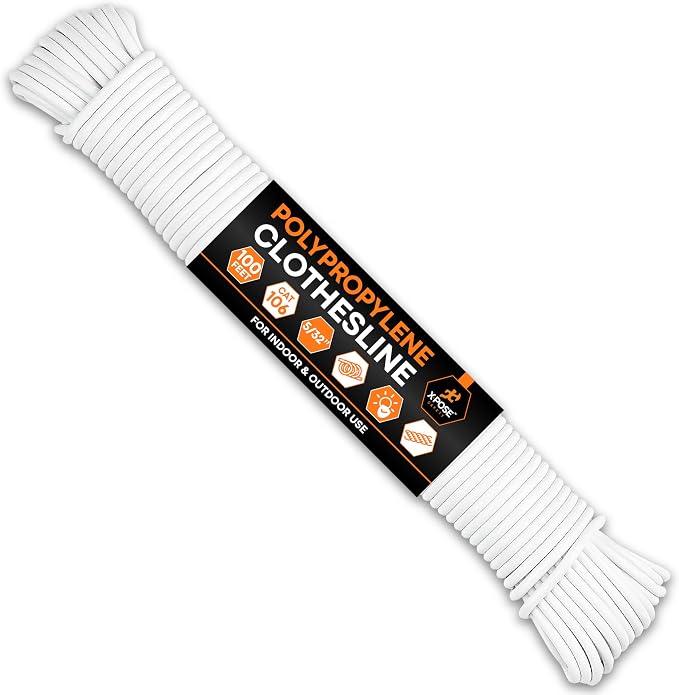 Plastic Clothesline Rope 5/32" x 100 FT, White Outdoor Clothes Line for Hanging and Drying Laundry, Weather Resistant Braided Plastic Laundry Line, Synthetic Cord for Clothesline Pulley