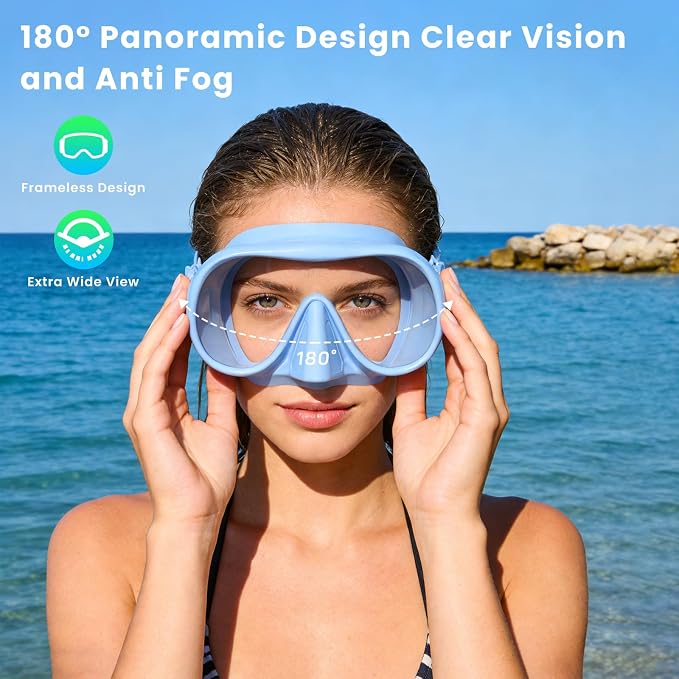 Snorkeling Gear for Adults, Snorkel Set Adult, Scuba Diving Mask, Panoramic View Anti-Leak Anti-Fog Dive Swimming Goggles Tempered Glass Panoramic Wide View Travel Portable Foldable