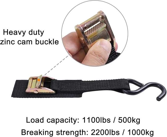 Ayaport Cam Buckle Tie Down Straps 10 feet 2200lbs Break Strength Securing Straps with S Hooks for Motorcycle, Kayak, Car, Truck, Dirt Bike, Pack of 4