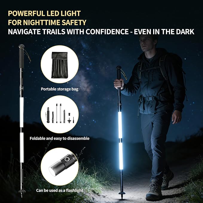 LED Trekking Pole,Lightweight Aluminum Hiking Poles for Women&Men,Collapsible Walking Sticks for Travel, Multifunctional Walking Sticks for Travel, Night Hiking, Mountaineering & Camping