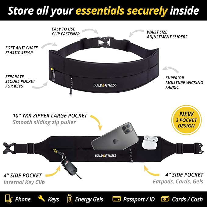BUILD & FITNESS Zipper Running Belt – Adjustable Waist Pack, Slim, Light, YKK Zip, Secure Key Clip – Fits ALL Cell Phones, Keys, Cards, GU's – For Men & Women – Fitness, Run, Jog, Gym, Cycle, Hiking