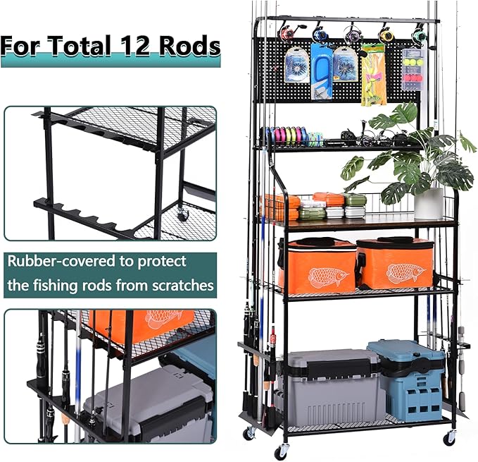 Metal Black Fishing Rod Rack for 12 Rods With Large Storage Capacity, Vertical Fishing Pole Holders for Garage Use for Fishing Gear Storage