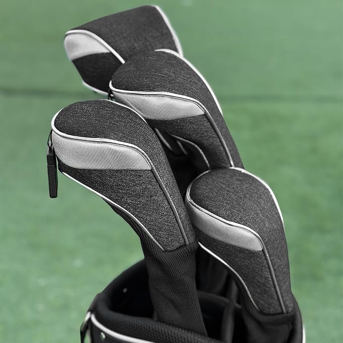 Andux 3pcs/Set Nylon Golf Wood Club Head Covers with Long Neck | for 460cc Driver Fairway Wood Club Silver Piping Pull-On Closure