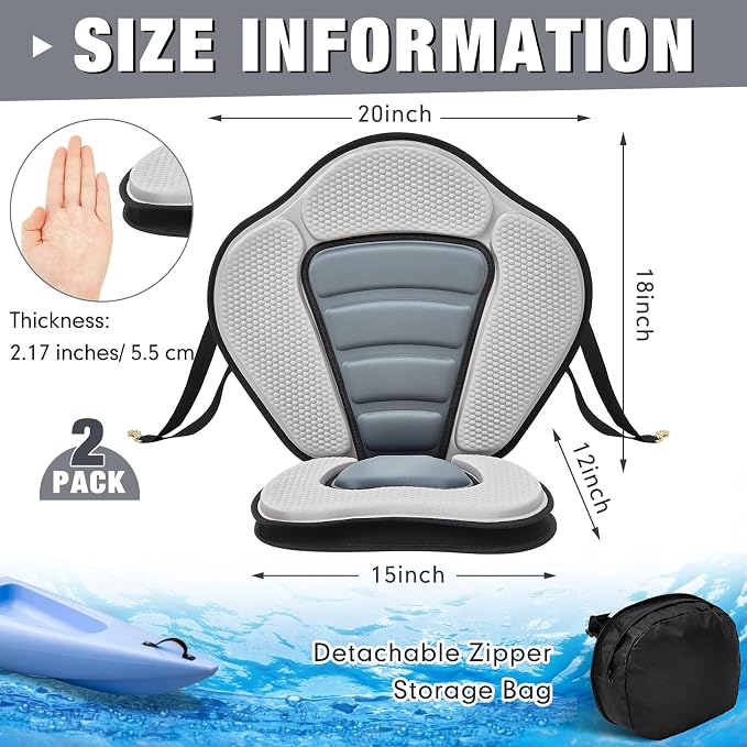 Lewtemi Thicken Kayak Seat with Back Support Canoe Paddle Board Seat with Detachable Storage Bag Adjustable Sit on Top Paddleboard Cushion for Kayaking Canoeing Rafting