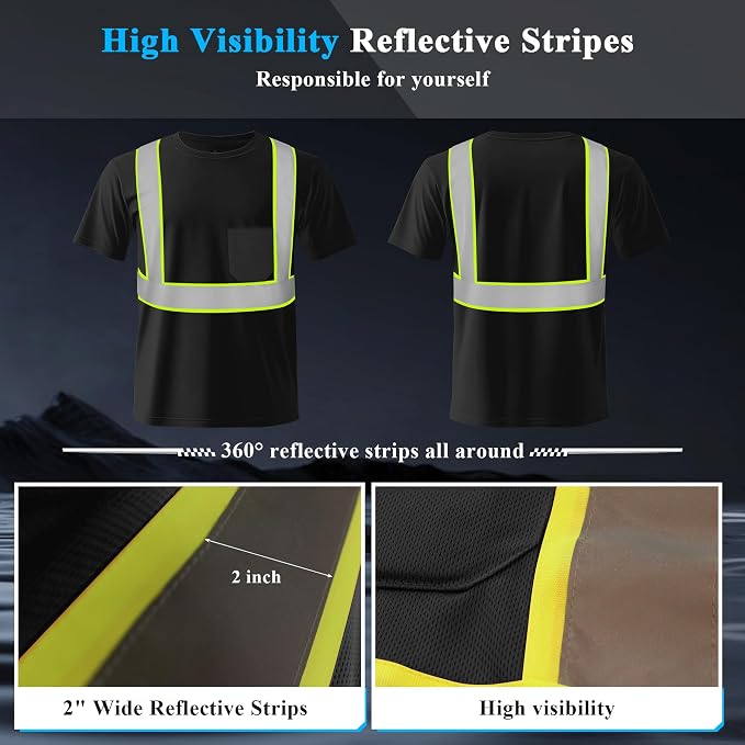 W&H Hi Vis Safety Short Sleeve Shirts Class 2 Reflective Birdeyes Fast Dry Breathable with Black Base for Work