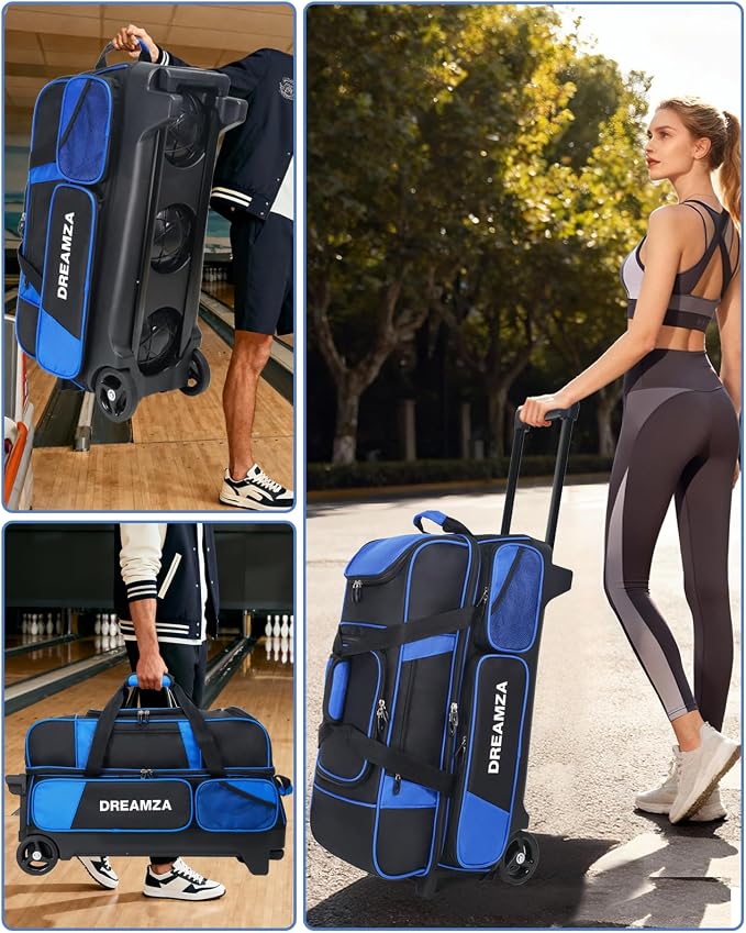 3 Ball Bowling Bags with Wheels & Shoe Pocket, Premium Bowling Ball Bag 3 Ball Roller, Effortless-Rolling 3 Ball Bowling Bag w/Multi-Storage Pockets & Telescopic Handle Extends to 40''