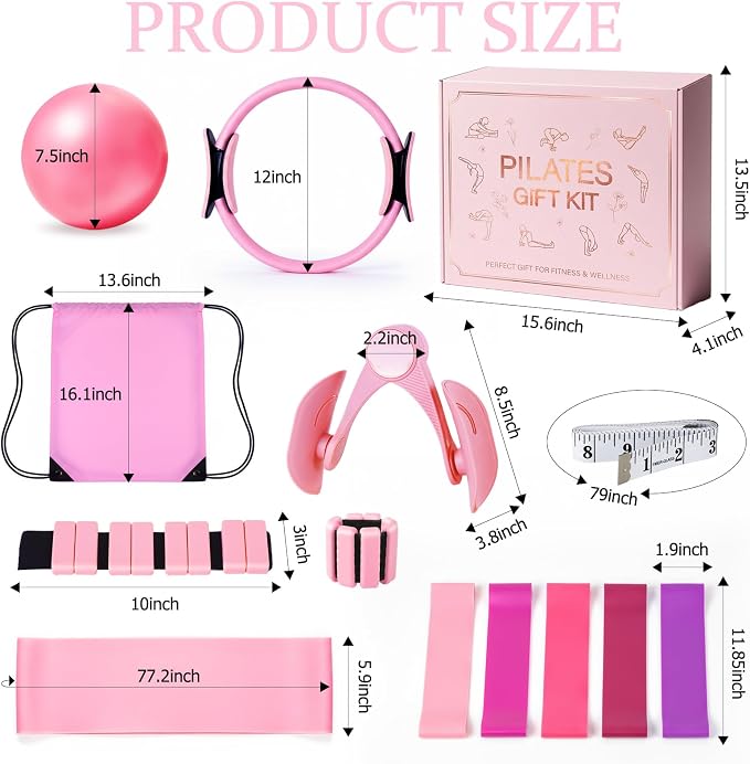 All-in-One Home Workout Kit for Women–Pilates Kit with Ankle Weights, Magic Circle 12 inch, Resistance Bands, Mini Pilates Ball, Carry Bag – Beginner Pilates Gift Set for Mother's Day, Birthday
