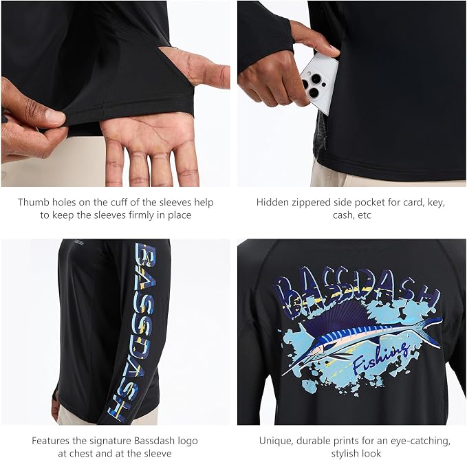 BASSDASH Men’s UPF 50+ Graphic Fishing Hoodie Shirts with Mask Pocket UV Long Sleeve Moisture Wicking FS47M