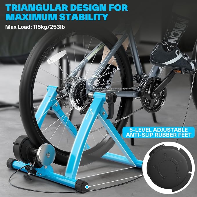 Sportneer Bike Trainer - Magnetic Stationary Bike Stand for 26-28" & 700C Wheels - Adjustable 6 Level Resistance Bike Trainer Stand for Indoor Riding with Quick Release Lever & Front Wheel Riser Block