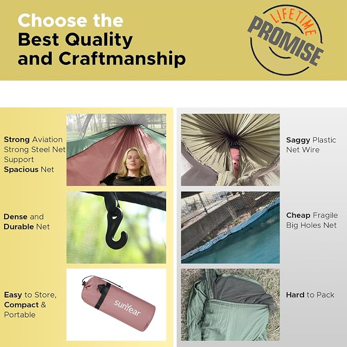 Sunyear Camping Hammock Tent - Portable Hammocks with Mosquito Net (Single/Double, 500lbs Capacity) - Spacious & Anti-Rollover Design with 2 Tree Straps for Hiking, Backpacking, Indoor/Outdoor Use