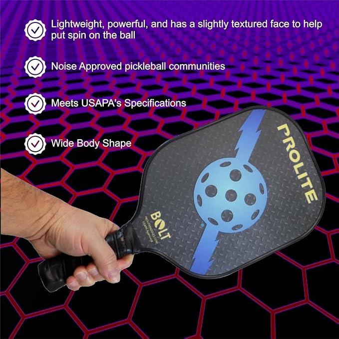 PROLITE Bolt Pickleball Paddle - Light Weight - Powerful - Carbon Fiber Facing for Superior Ball Placement - Polypropylene Honeycomb Core - Micro Matte Edge Guard - USAP Approved