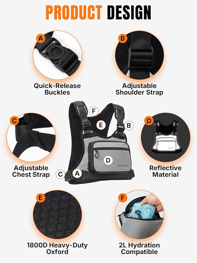 OUMURS Reflective Motorcycle Chest Bag with Quick-Release Buckle for Men & Women, Water-Resistant 1800D Chest Pack, 2L Hydration Compatible, High Visibility for Riding, Cycling, Hiking
