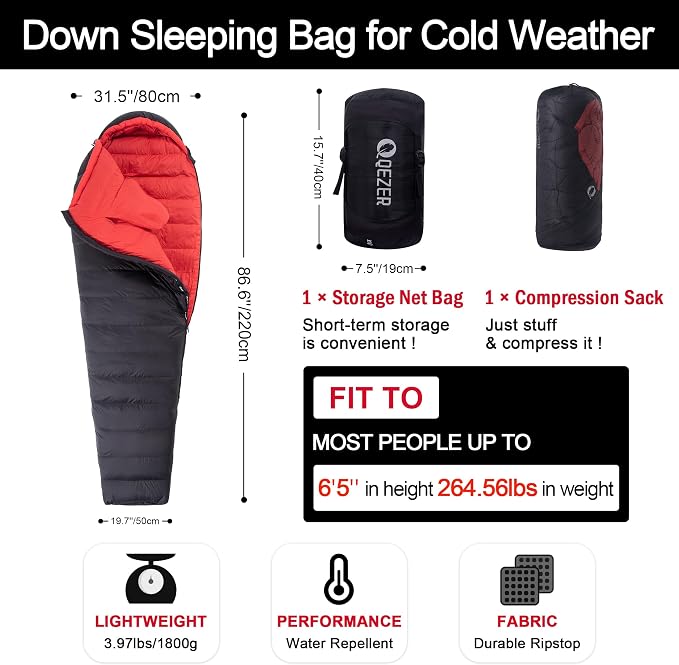 Ultralight Down Sleeping Bag for Adults with 600 Fill Power, Compact All Seasons Sleeping Bag for Backpacking, Hiking and Camping