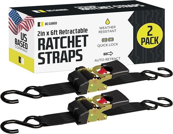 DC Cargo Mall Auto Retractable Ratchet Straps (2-Pack) 2” x 6ft, Heavy Duty, 4,033lb Break Strength – Tie Down Straps for Cargo, Truck, Trailer, Boats