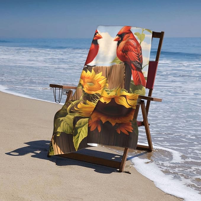 Cute Bird Beach Towel,32x52in,Quick-Dry Sand-Free Bath Towels,Microfiber Lightweight for Travel Pool Yoga Beach Outdoor Activities Decor Accessories Gifts (Red Cardinal Sunflower)